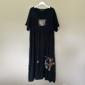 Vintage Fenini Maxi Dress Cotton Linen Women 3X Lagenlook Pocket Black Clay Pots